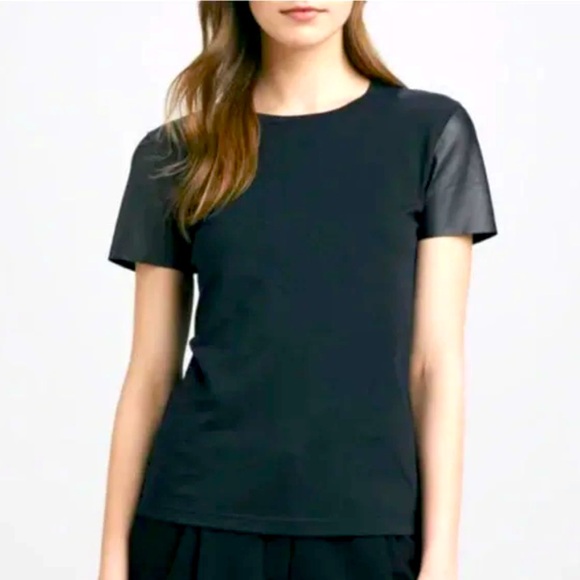 Theory Faux Leather Short Sleeve T-shirt Size S Black Cotton Minimal Soft - Picture 1 of 7